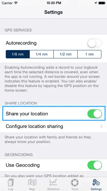Screenshot of the location sharing settings