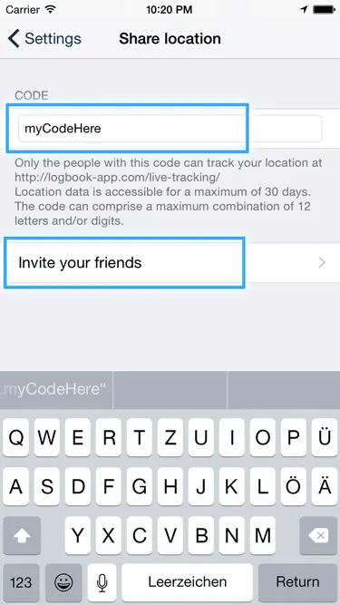 Screenshot of the settings to activate location sharing