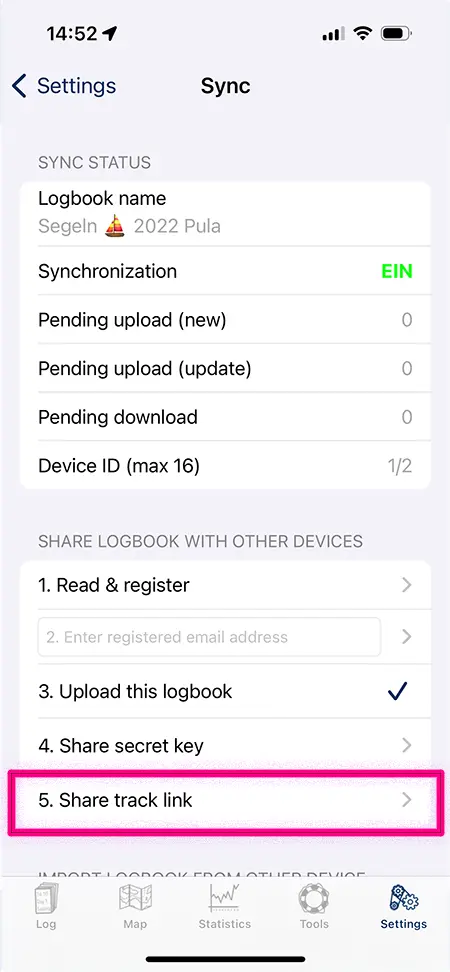 Screenshot of the settings for sharing the track