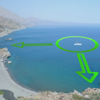 The position of the yacht is relative to designated objects on shore.