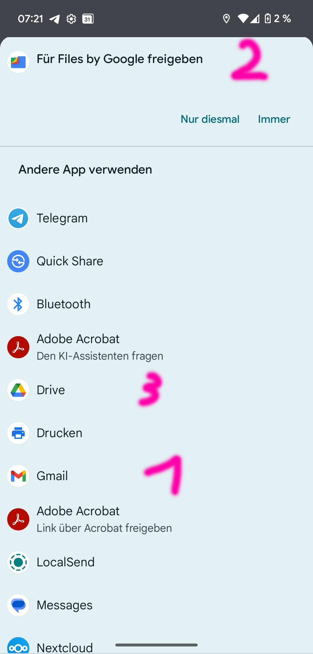 Screenshot Android Screenshot von Android der den Dialog zeigt mit dem man Dateien zwischen Apps teilen kann