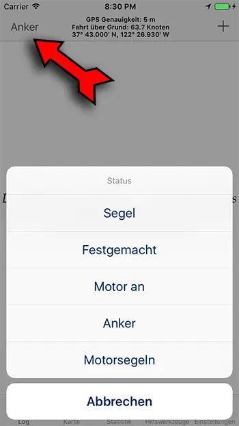 Screenshot nach dem Klick auf Den Status Button Verfügbare Status Zustände