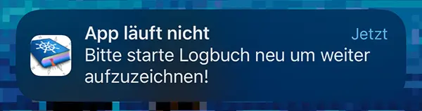 Ein Screenshot einer Mitteilung darüber dass die App nicht läuft Screenshot Mitteilung nicht laufende Logbuch App