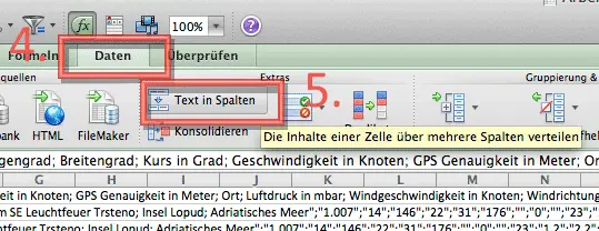 Das Segel Logbuch in Spalten aufteilen