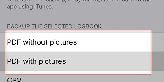 Screenshot der Export Möglichkeiten der Logbook App am iPhone