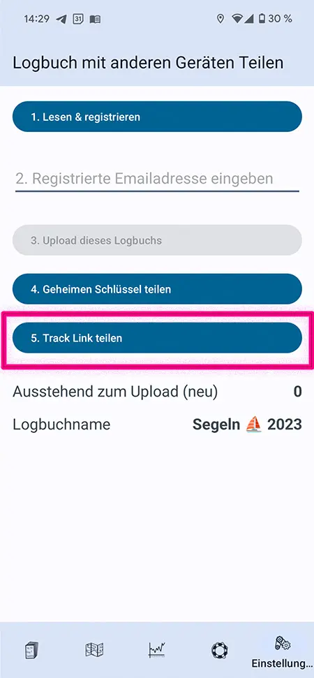 Hier kann man den Link in der App generieren Screenshot der Einstellungen zur Freigabe des Tracks