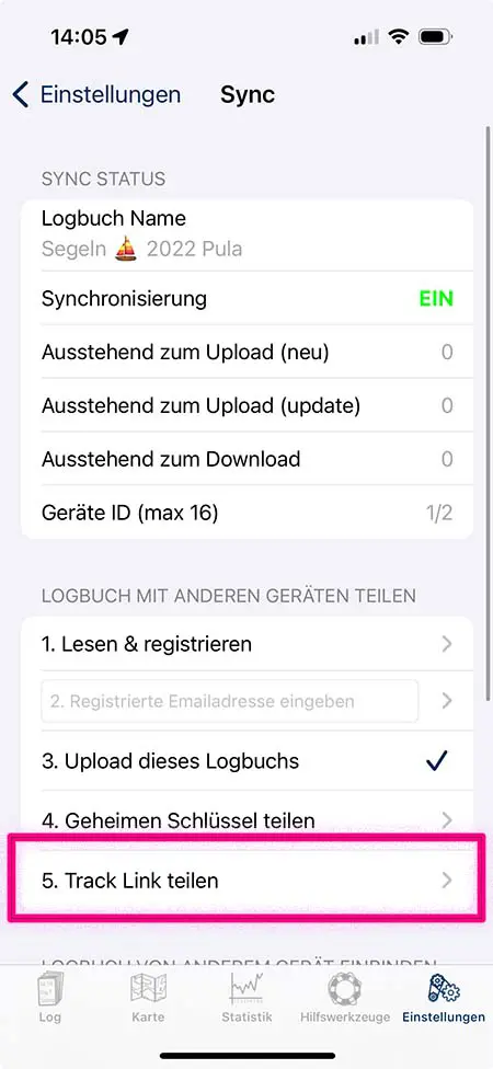 Hier kann man den Link in der App generieren Screenshot der Einstellungen zur Freigabe des Tracks