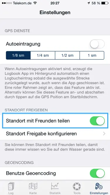 Einfach den Schalter neben Standortfreigabe anschalten Screenshot der Einstellungen zum aktivieren der Standortfreigabe