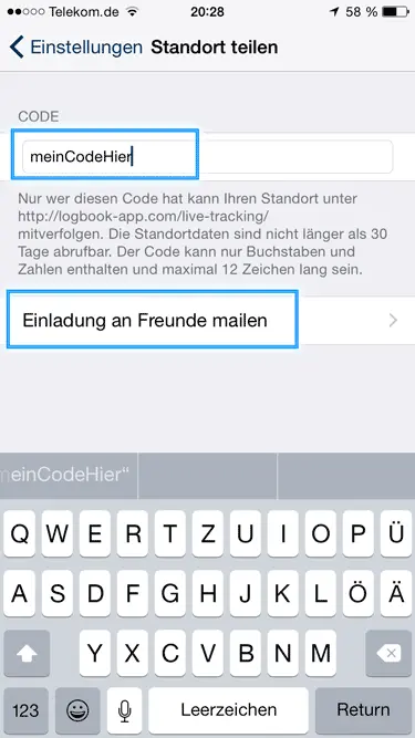 Geben Sie einen Code ein und versenden die Einladungen Screenshot der Einstellungen zur Standortfreigabe