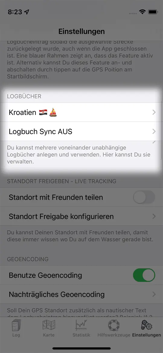 Settings Screenshot Logook App Settings > Logbooks