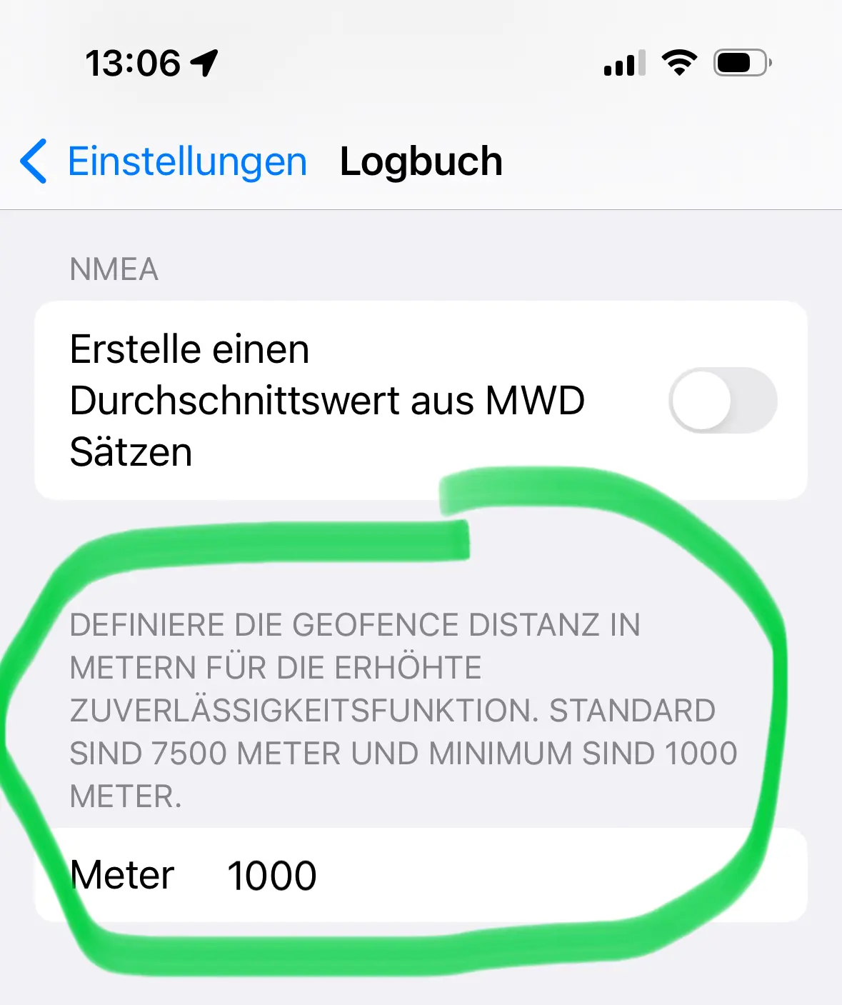 Konfiguration des Geofence Radius der Logbuch App Screenshot zur Konfiguration des Geofence Radius