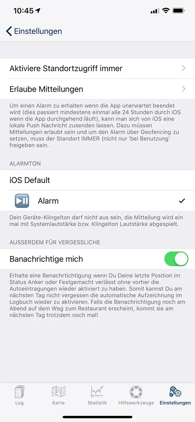 Capture d'écran des paramètres de l'application du journal de bord Capture d'écran de la configuration pour augmenter la fiabilité