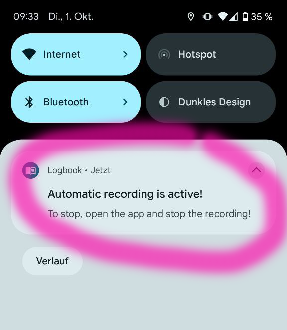 Screenshot Android Screenshot of Android shows notification which indicates logbook app is still active in background