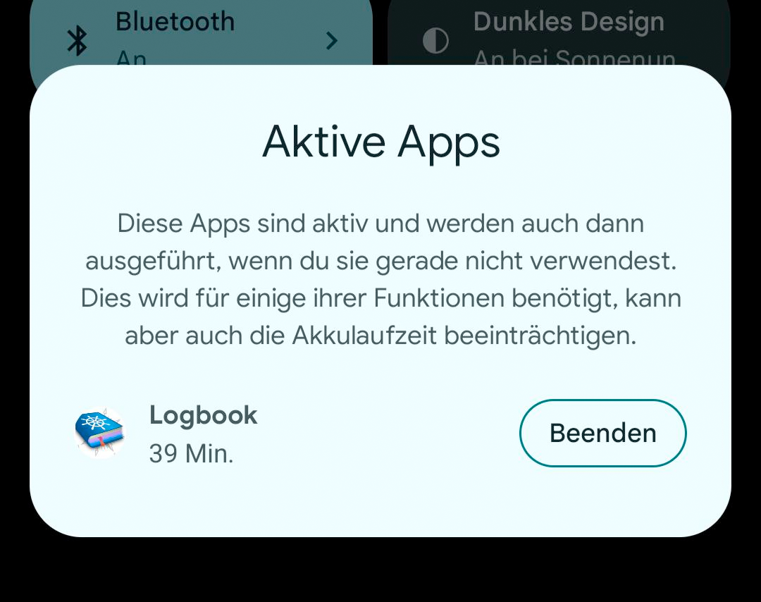 Screenshot Android Screenshot of Android shows how long logbook app is active in background