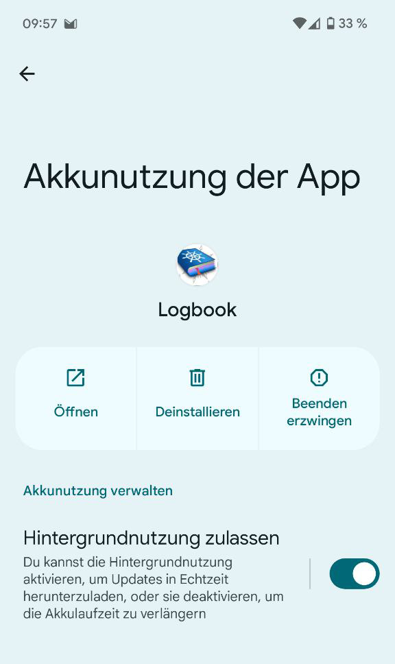 Screenshot Android Screenshot of Android shows background activities are allowed for logbook app