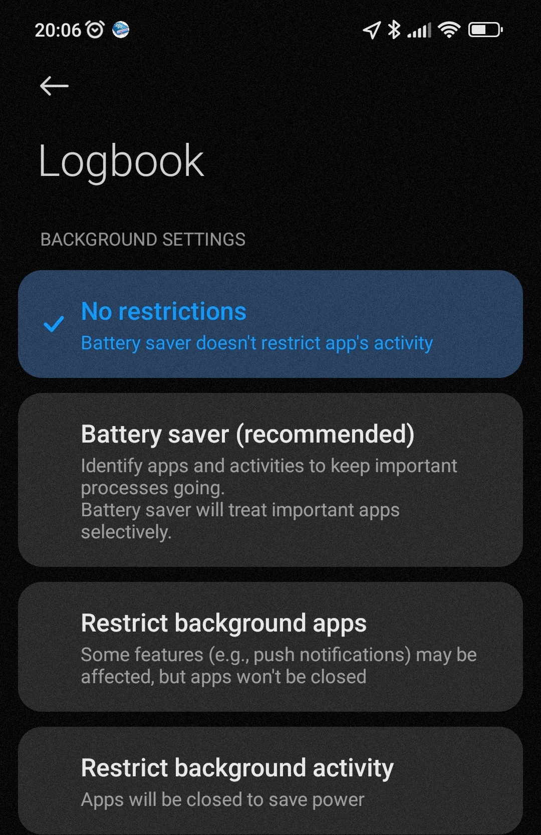 Screenshot Android Screenshot of Android shows no background restrictions for logbook app