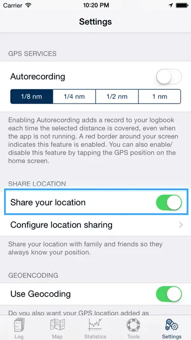 Enter a code and send the invitations Screenshot of the location sharing settings