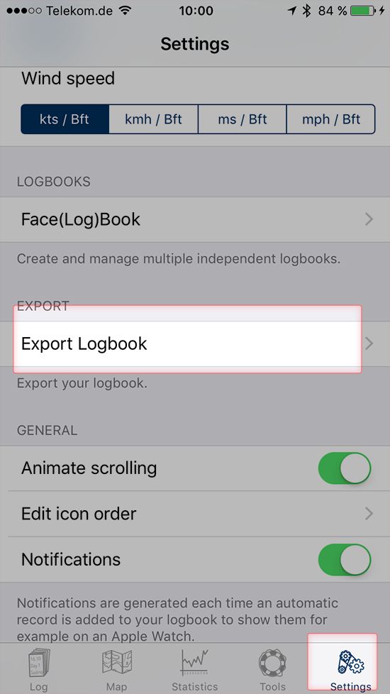 Screenshot of Settings screen in Logbook App on iPhone