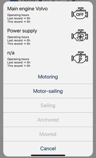 Logbook App optionas when changing the status screenshot Variant II status changes