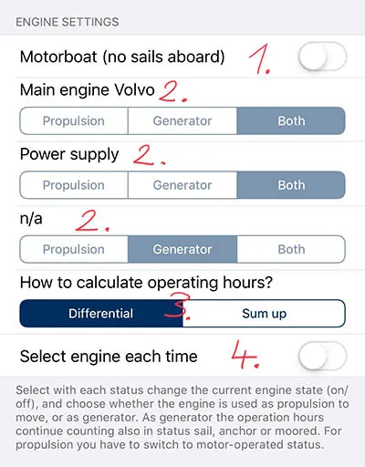 Logbook App screenshot of engine configuration Settings related to engines