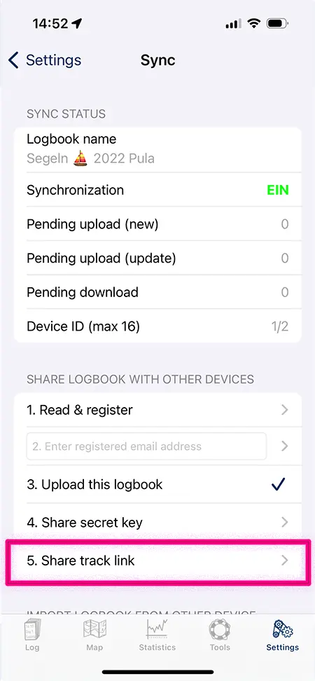Here you can generate the link in the app Screenshot of the settings for sharing the track