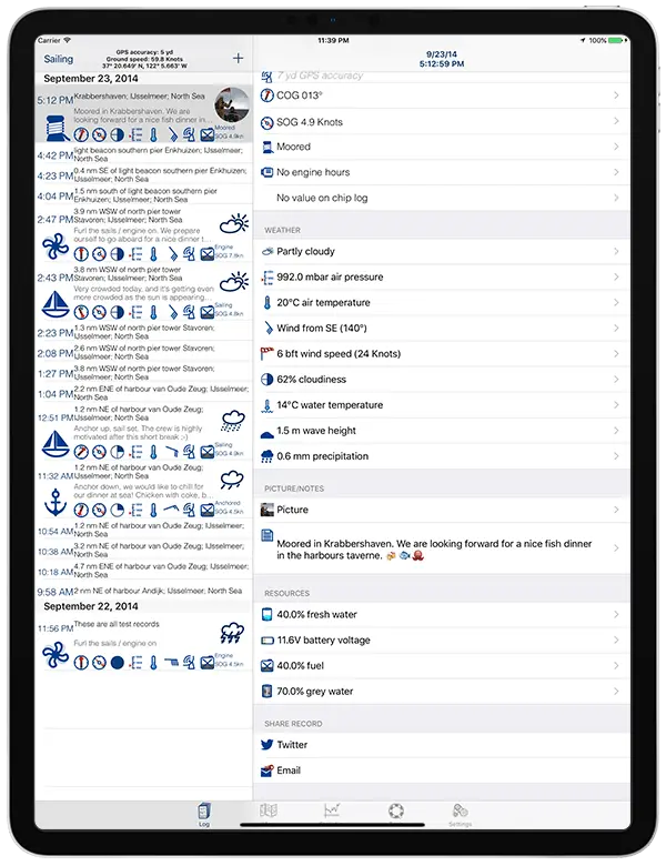 iPad mit Logbuch App auf dem Bildschrim