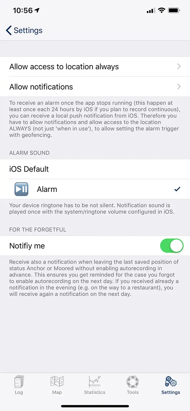 Screenshot from logbook app settigns Screenshot of configuration to increase reliability